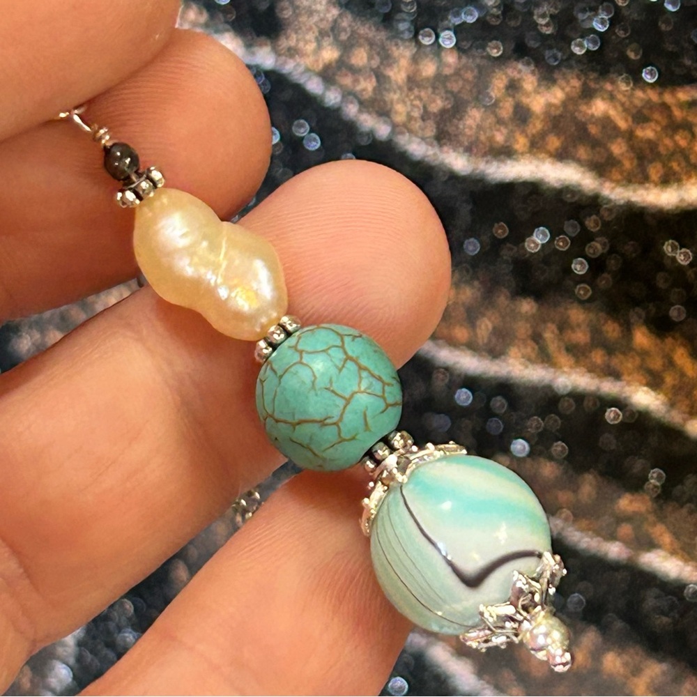 Handcrafted genuine pearl turquoise art glass drop pendant on chain necklace